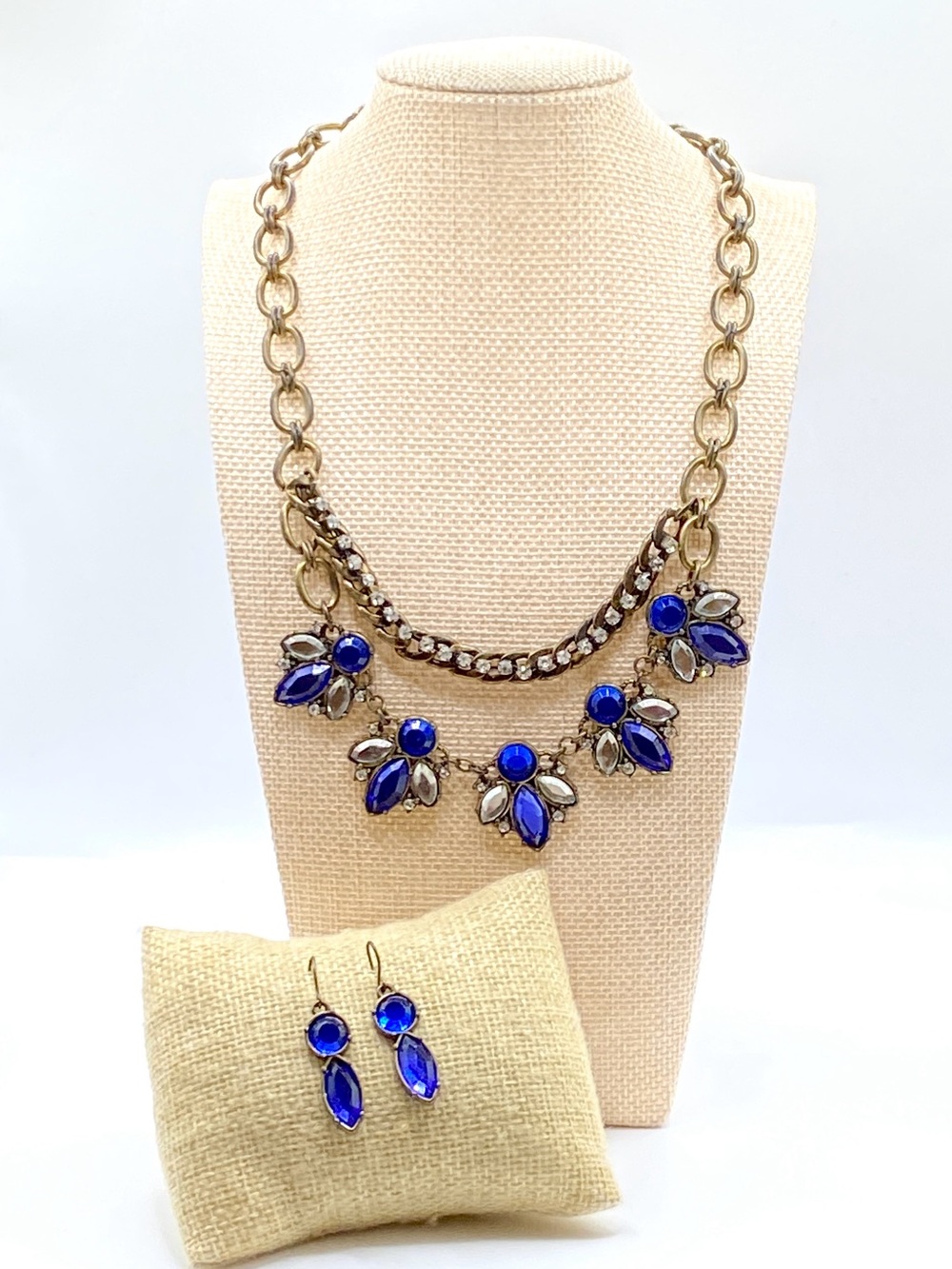 Royal Blue Necklace Earring Set Crystal Rhinestone Cabochon Bib Collar Statement